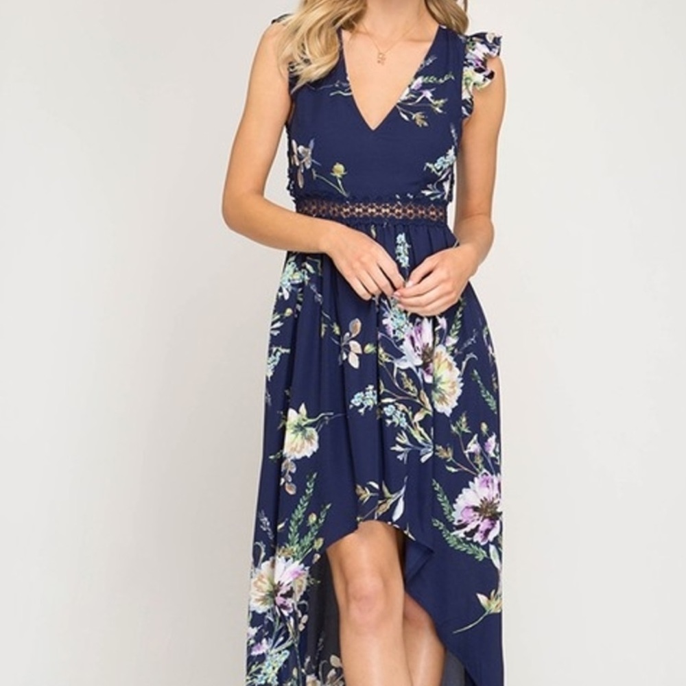 Navy Floral Hi Lo Dress